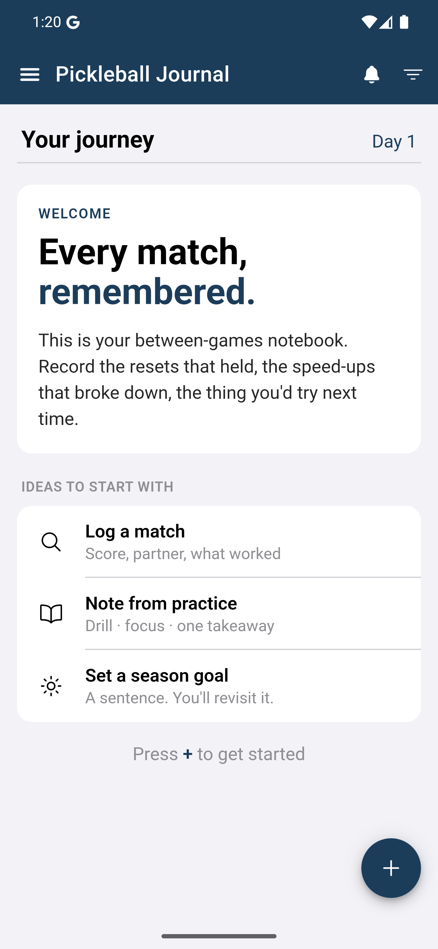 Pickleball Journal+ welcome screen