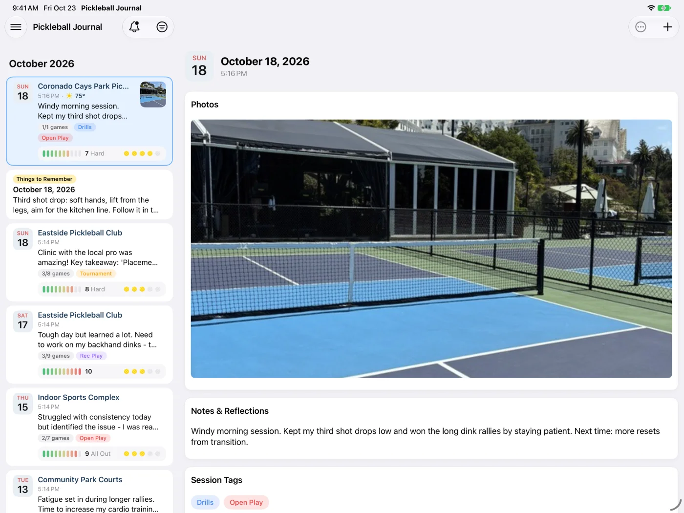 Pickleball Journal+ on iPad, journal list beside an entry